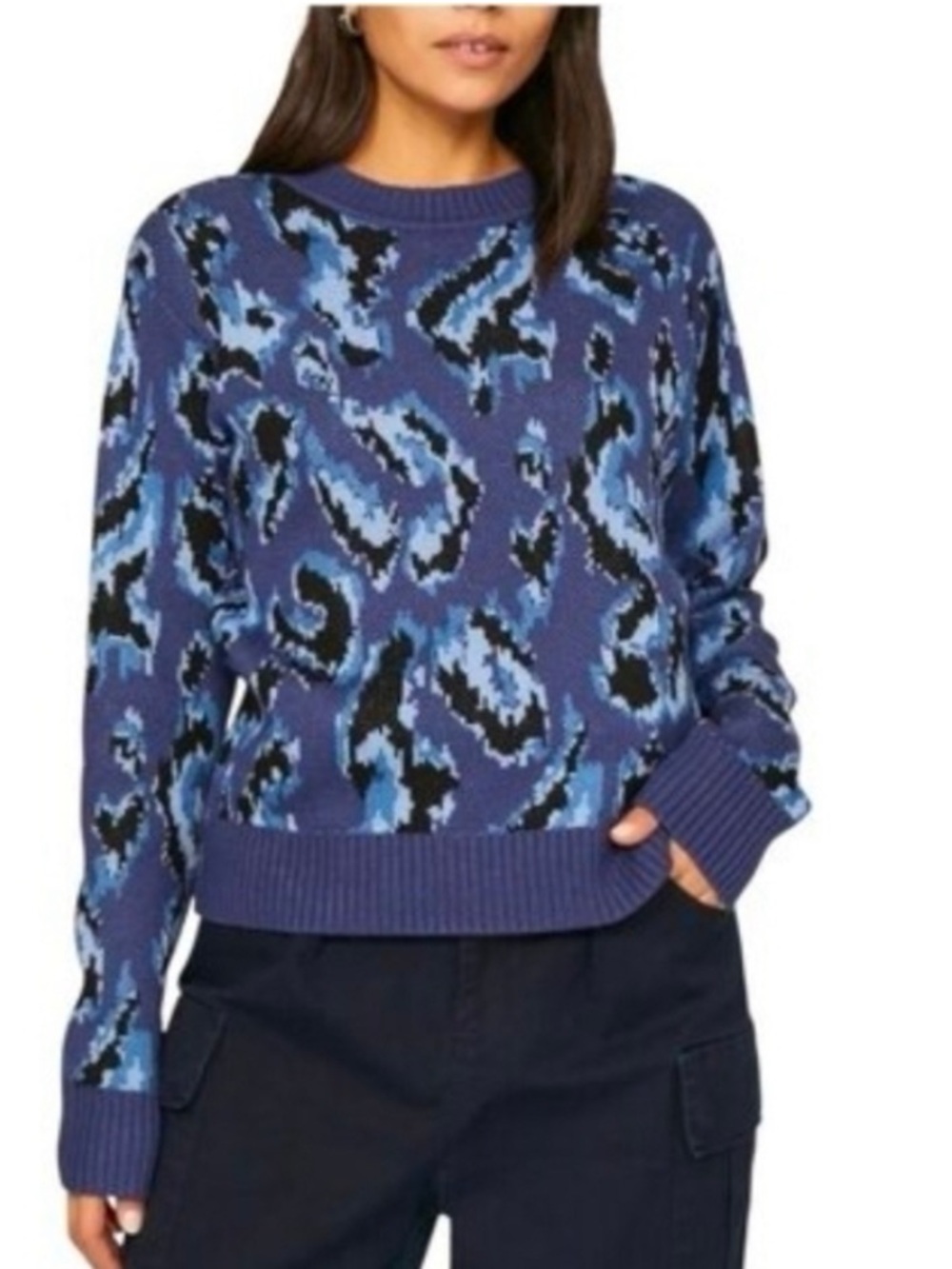 Derek lam collective blue animal print wool blend crew sweater SZ XS